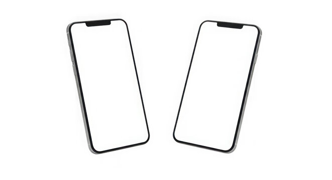 Two modern smartphones with blank white screens angled towards each other isolated on transparent background