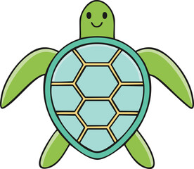 A cheerful cartoon sea turtle with a light blue shell and green body.