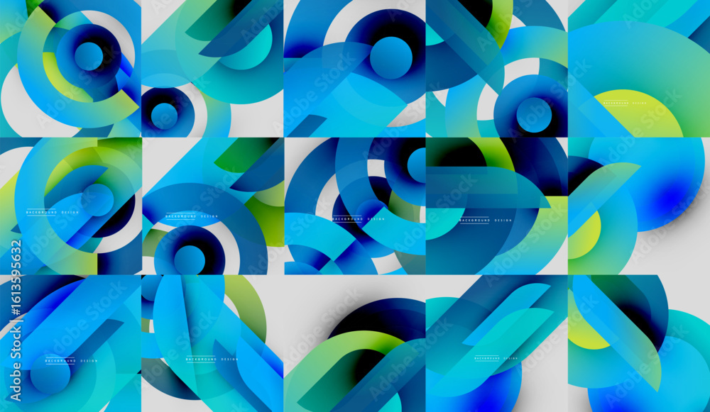 Poster abstract geometric patterns dominate image. blue, green hues blend, creating dynamic visual texture.