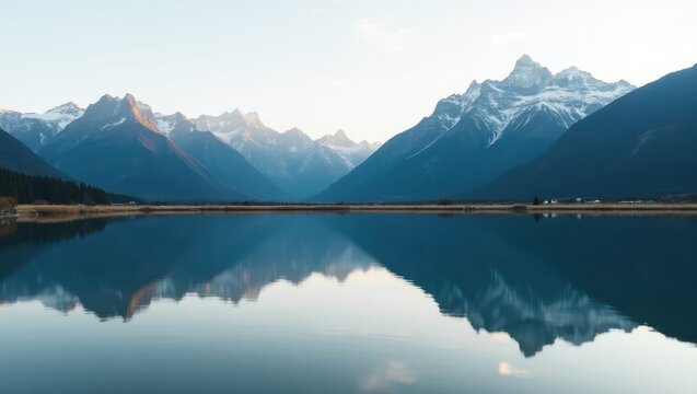 Serene mountain lake reflecting a tranquil sunrise.