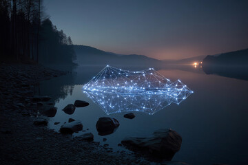 Gemini constellation illuminated above a tranquil lake reflecting stars on a calm night in nature during Gemini season