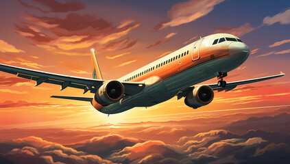 Fototapeta premium An airplane flying over a sea of clouds during a dramatic and beautiful sunset, perfect for illustrating evening travel, tourism, or inspiring journeys