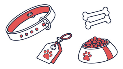 Pet accessories icons with collars, bowls, toys