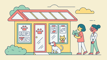 Vector illustration of people adopting animals from a pet shelter with love and care.


