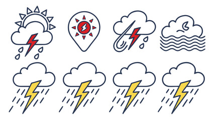 Dark cloud icons with raindrops, lightning, and storm visuals in flat design.

