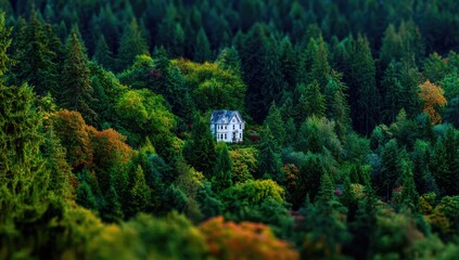 Obraz premium Single white house nestled in a vibrant forest
