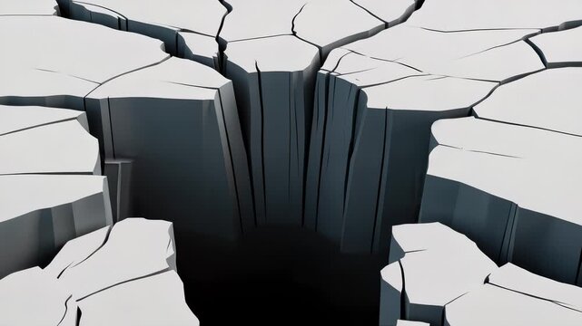 Cracked white surface with central hole, widening and deepening chasm