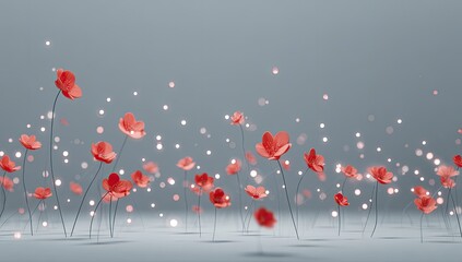 Delicate coral flowers in soft light, floating on a muted grey background