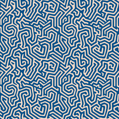 Fototapeta premium Vector seamless pattern with abstract maze, labyrinth, organic shapes, irregular fluid lines. Blue and beige funky background with biological structures, brain texture, coral. Trendy all-over design