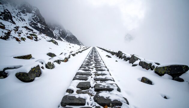 Stone pathway ascending a snow-covered mountain, vanishing into the thick mist and fog on a cold, winter day.
