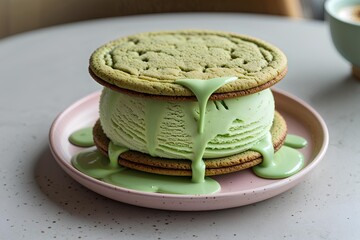 Gourmet double-decker matcha and chocolate ice cream sandwich with a vibrant green tea glaze dripping on a pink plate.