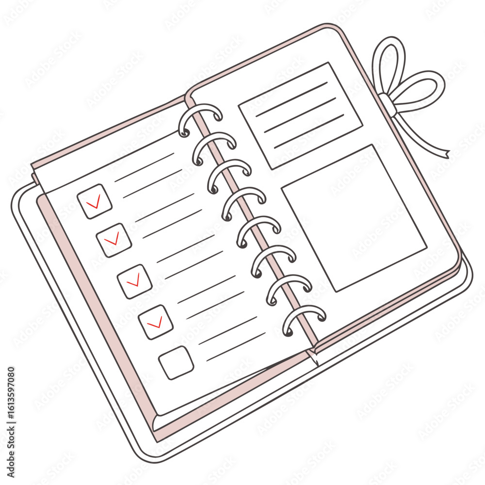 Poster open notebook with checklist and ribbon bookmark, showing completed tasks and blank space for notes