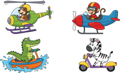 Cartoon animals driving vehicles, crocodile on boat, zebra on scooter, monkey flying airplane, dog in helicopter, kids transport illustration, fun animal vector, cute design