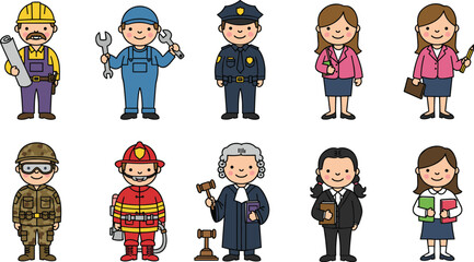 Cartoon professions, people at work illustration, doctor teacher firefighter judge, police builder engineer soldier, lawyer office worker, career clipart, job vector characters set