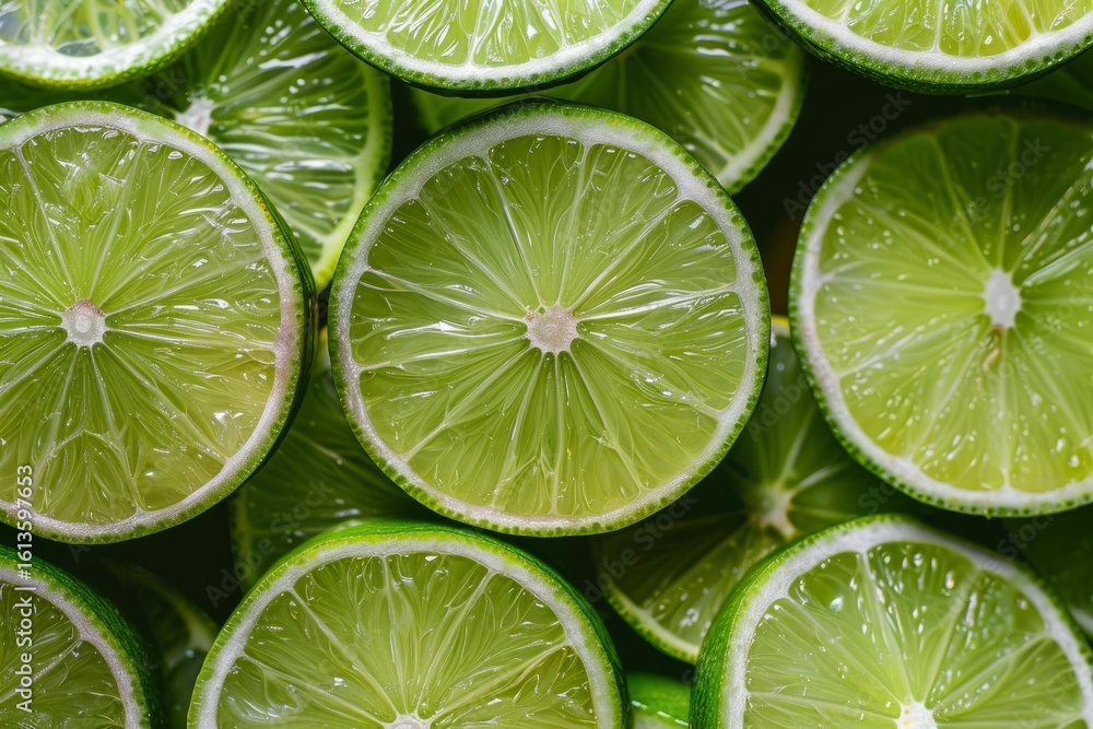 Poster close up of multiple lime slices, showcasing their juicy pulp and textured rind, creating a vibrant 