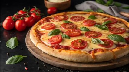 Delicious homemade pizza with fresh tomatoes and basil on a wooden board