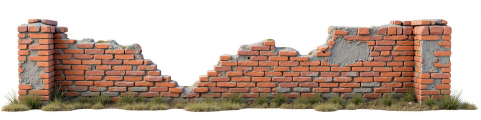 Obraz premium Weathered brick wall with cracks and missing sections, surrounded by patches of grass, showcasing rustic and aged appearance
