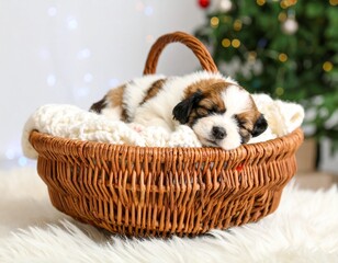Dog puppy sleeping  in a basket 
