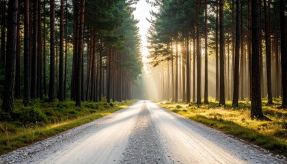Obraz premium A picturesque white gravel road leading through a dense pine forest with golden sunlight streaming through the trees at sunrise.
