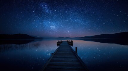 Starry night, tranquil lake dock