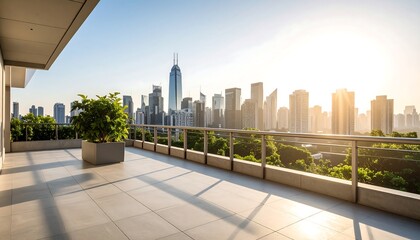 Modern Balcony Overlooking a Sunlit Cityscape with Tall Skyscrapers and Lush Greenery