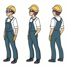 Technician Character Constructor with Safety Gear and Pose Set – Vector Illustration