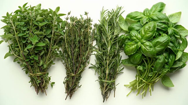 Four Fresh Green Herb Bunches Displayed with Twine on White Surface