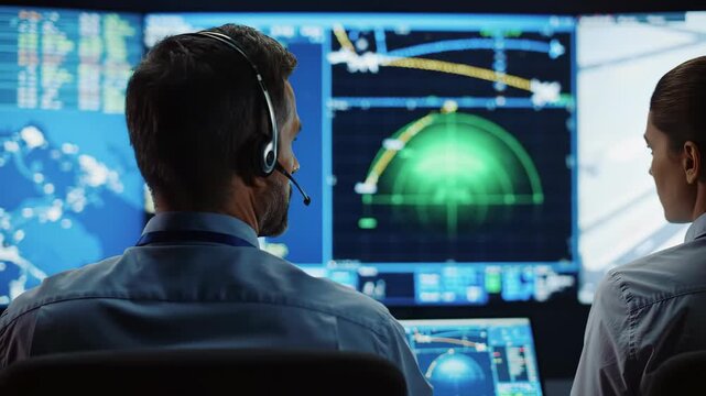 Team of Air Traffic Controllers Working in a Modern Control Room. Man and Woman Monitoring Multiple Screens with Flight Navigation and Radar Data. 