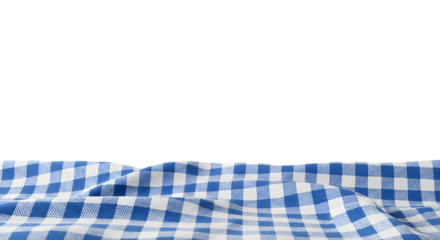 Blue Checkered Tablecloth with Natural Folds Isolated on PNG Background.