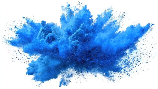 Vibrant blue powder explosion on white background