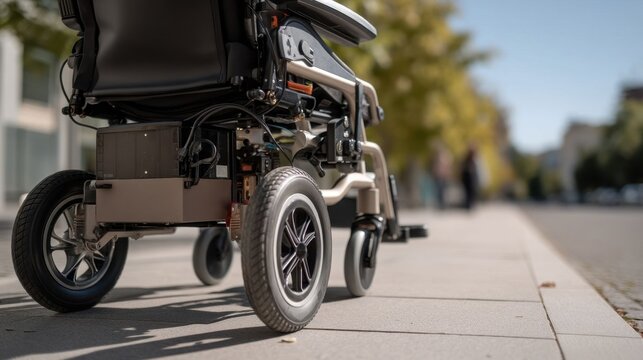 Electric wheelchair on urban sidewalk. - Powered by Adobe