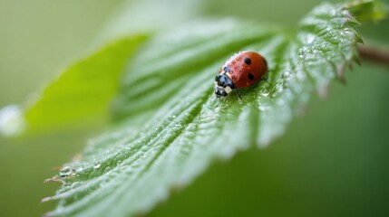 Close-up of a ladybug on a green leaf.