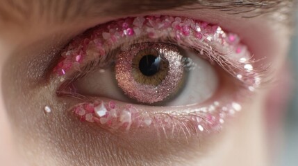 Close-up of a man's eye with pink makeup.