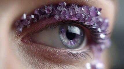 Close-up of woman's eye with amethyst makeup.