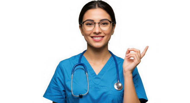 Smiling female nurse wearing blue scrubs and stethoscope pointing upwards isolated on transparent background