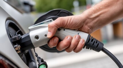 Hand charging an electric vehicle.