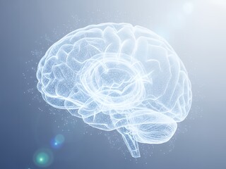 Blue light illuminates a 3D human brain scan, an abstract representation of medical intelligence and neurological power
