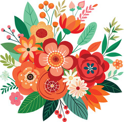 Colorful Floral Vector Illustration with Leaves and Wildflowers on White Background
