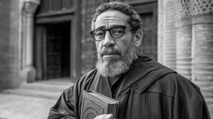 Moroccan professor holding a book.