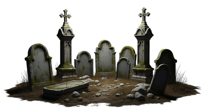 Spooky cemetery scene with gravestones and coffin isolated on transparent background