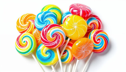 Colorful round lollipops clustered with glossy finishes against a bright white background.
