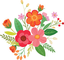 Colorful Floral Vector Illustration with Leaves and Wildflowers on White Background