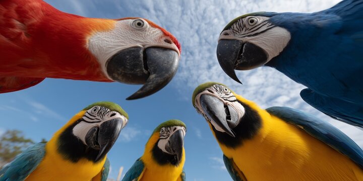 parrots looking down into the camera