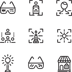 Tourism and travel vector icon set editable stroke,line style glasses,hotel,travel guide,team,lighthouse,sun,store
