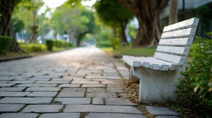 A serene park bench in a lush green setting, inviting visitors to relax and enjoy nature's beauty.