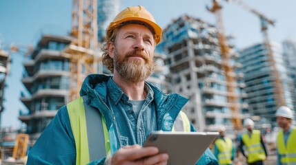 A determined construction worker at a bustling building site, confidently observing the progress with a tablet in hand. His focused expression reflects dedication