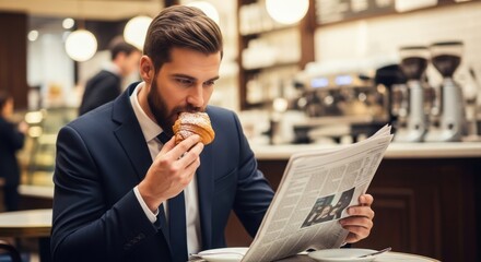 A man in a suit eating a croissant while reading a newspaper in a cafe.