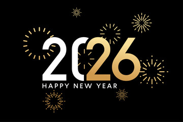 2026 gold fireworks greeting card, black New Year design