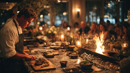 A chef meticulously preparing food in a restaurant setting, capturing a sense of culinary expertise and a cozy atmosphere