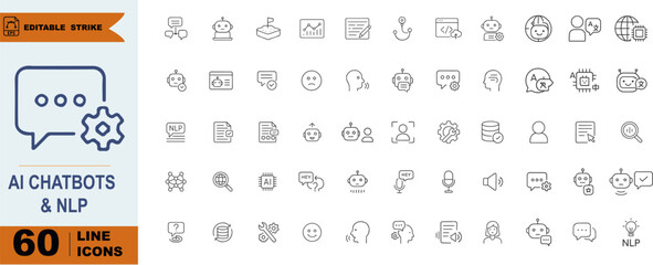 AI Chatbots and NLP Icon Set for Conversational Interfaces, Machine Learning, and Smart UI Design